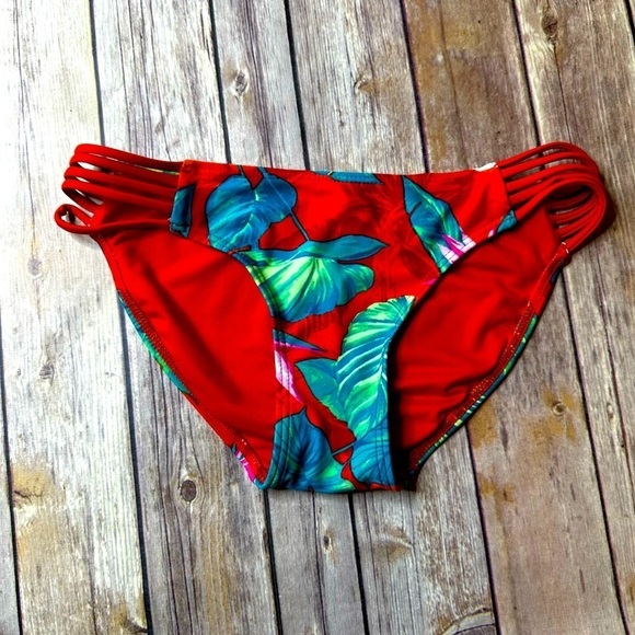Xhilaration Swim Small Women's Bikini Bottoms Bathing Suit Swimsuit Red Tropical - Picture 1 of 9